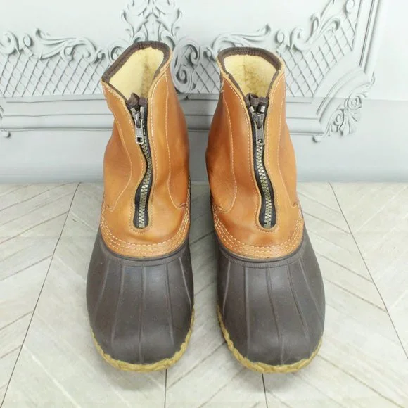 LL Bean Brown Leather Lounger Shearling Lined Front Zip Duck Boots Size 9 M - Picture 2 of 9